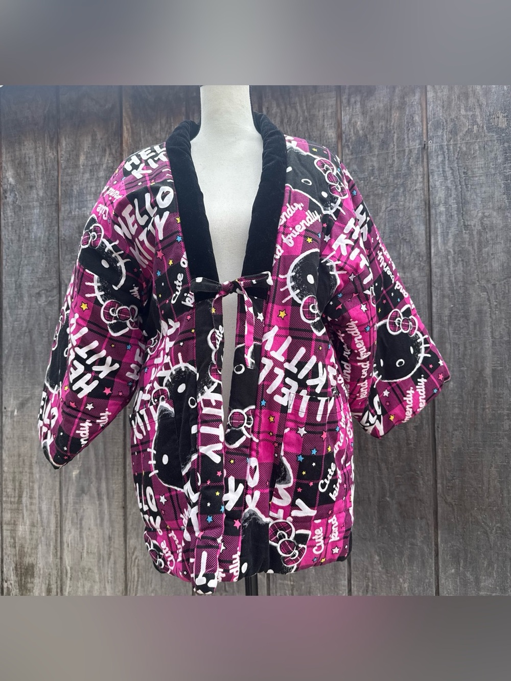 Vintage Hello Kitty Pink and Black Quilted Tie-Front Kimono Jacket